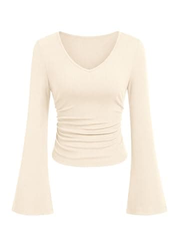 PRETTYGARDEN Women 2026 Fall Long Bell Sleeve Shirts Ribbed V Neck Fitted Ruched Trendy Y2K Going Out Tee Tops Summer Clothes (Beige,X-Large) - Image 1