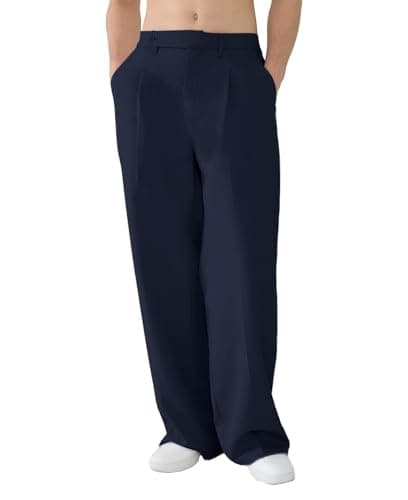 Susclude Mens Casual Dress Pants Pleated Old Money Wide Leg Baggy Pants Fall Relaxed Fit Slacks Work Trousers Navy Blue - Image 1
