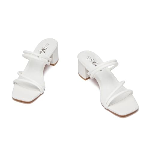 Athlefit Women's Square Open Toe Slip On Heeled Sandals Two Strap Wedding Dressy Block Chunky White Heels Sandals Size 8.5 - Thumbnail 5
