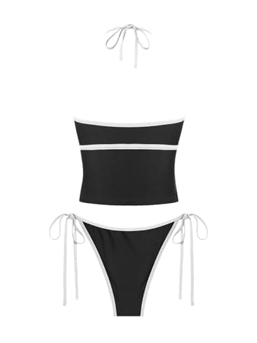 ZAFUL Cute Tankini Swimsuits for Women Two Piece Swimsuit Halter V Neck Tummy Control Swimwear High Cut Tie Side Thong Bathing Suit Black M - Thumbnail 4
