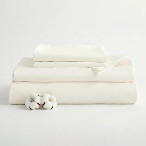 DCSKY 100% Egyptian Cotton Sheets Twin Size Bed Set, Deep Pocket Sheet set-1600 Thread Count Cotton Naturally Cool Soft Breathable No Pill Elasticated Luxury Cream White Bedding for All Seasons - Image 1