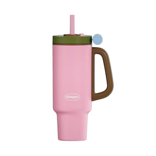 Sidagar Tumbler with Handle,36 oz Ceramic Lined Travel Mug Water Bottle with Straw,Vacuum Insulated Stainless Steel Cup with Lid,Fits Cup Holder, Leak Resistant Press-in Lid,Pink - Image 1