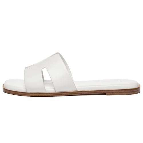 Rihero Women's Dressy Flat Sandals Comfortable Slip On Leather Slide White Sandals Size 9.5 - Thumbnail 4
