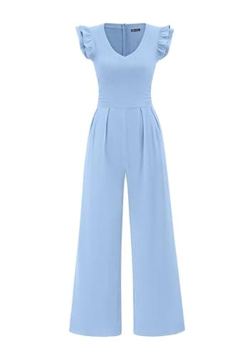 PRETTYGARDEN One Piece Jumpsuits For Women Dressy Ruffle Cap Sleeve V Neck Ribbed Knit Wide Leg Romper 2026 Summer Outfits (Light Blue,X-Large) - Image 1