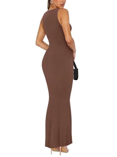 REORIA Basic Sexy Square Neck Sleeveless Formal Bodycon Long Maxi Dress Wedding Guest Dresses for Women Slimming Lounge Ribbed Full Length Dresses 2026 Summer Coffee Small - Thumbnail 4