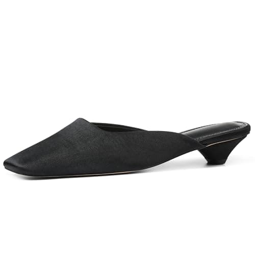 heelchic Satin Mules for Women Closed Square Toe Kitten Heels, Elegant Slip On Backless Low Heel Dress Shoes for Vacation, Casual, Party, Work Black - Image 1