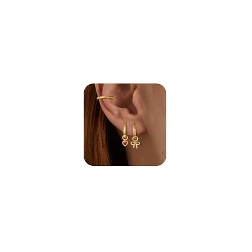 Poaiiu Gold Plated Earrings for Women - 14K Gold Hoop Earrings Set for Women Trendy Huggie Bow Earrings Studs Cuffs Small Dainty Dangle Earrings Lightweight Cartilage Multiple Piercing Earrings Jewelry - Image 1