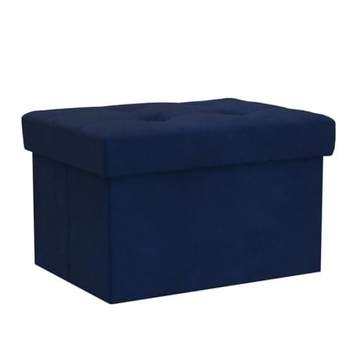 LINMAGCO Small Velvet Ottoman with Storage Rectangle Foot Rest Under Desk Stool for Room Folding Ottoman Furniture with Button turfted-Navy 16X12X12IN - Thumbnail 4
