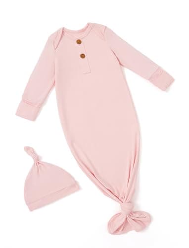 PATPAT Baby Sleeper Gown with Bamboo Viscose for Newborn Girls Boys, Knotted Nightgown with Mittens for Infant Home Coming, Petal-Hat, 0-3M - Image 1