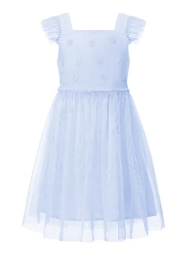 ALLOVIN Girls & Toddlers Embroidered Summer Soft Tulle A-Line Birthday Party Dress Ruffle Sleeve Flower Girl Dress | Blue | 4 Years
