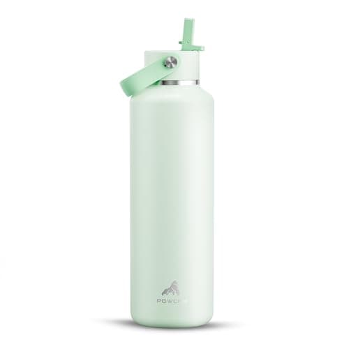 POWCAN 24 oz Double Walled Insulated Water Bottle with Straw: Leakproof, Cup Holder Friendly, BPA-free, Top Handle, Stainless Steel Water Bottle for Adult, Student, Nurse, Commuter, Bag (Mint Dew)