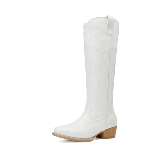 DREAM PAIRS Womens Cowboy Boots Comfortable Cowgirl Knee High Boots Pull On Side Zipper Chunky Heel Embroidered Western Boots,Size 11,White,DWUMKB2502 - Image 1