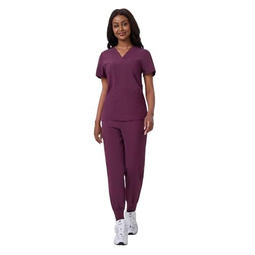 ANGEL GUARD Scrubs for Women Set, V-Neck Medical Scrubs with 13 Pockets, Yoga Waistband Slim Fit Uniform - Image 1