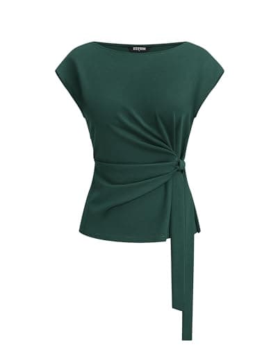 BTFBM Womens Tops Summer 2026 Cap Sleeve Crew Neck Tie Waist Blouses Dressy Casual Business Work Clothes Early Fall Fashion(Dark Green, Medium) - Image 1