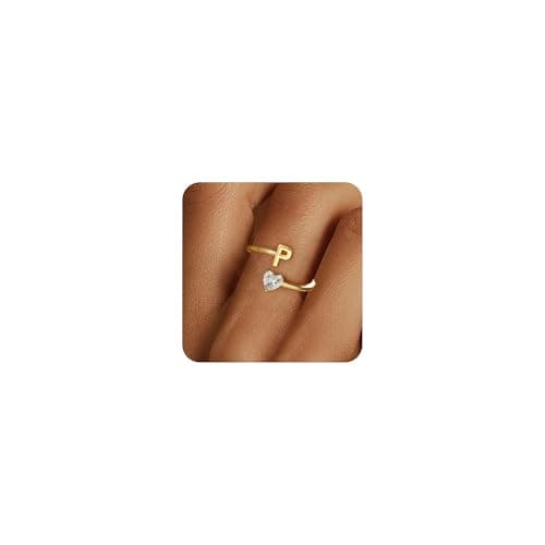 Fezodo Gold Initial Rings for Women Gifts - 18K Gold Plated Adjustable Initial Ring Letter P Heart CZ Gold Rings for Women Trendy Jewelry Gifts - Image 1