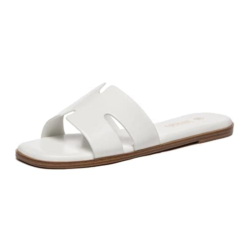 Rihero Women's Dressy Flat Sandals Comfortable Slip On Leather Slide White Sandals Size 8.5 - Image 1