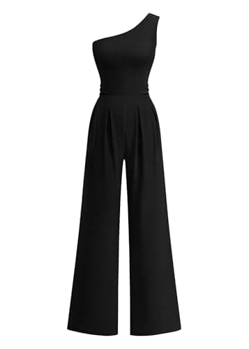 KIRUNDO One Piece Jumpsuits For Women Dressy 2026 One Shoulder Formal Ribbed Wide Leg Rompers With Pockets Summer Outfits(Black, Large) - Image 1