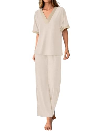 GKBK Womens Two Piece Outfits Pajama Sets 3/4 Dolman Sleeve V Neck Sleepwear Nightwear Loungewear Matching Pjs 2 Piece Lounge Set Lounging Pullover Top and Wide Leg Pants Trendy Outfits Beige M - Thumbnail 5