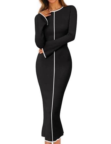 MEROKEETY Women's Fall Long Bell Sleeve Sweater Dress 2025 Elegant Bodycon Color Block Knit Midi Maxi Dresses, Black, Medium - Image 1