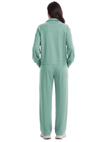 Anyshe Women's 2 Piece Sweatsuit Set Lounge Set Half Zip Sweatshirt with Kangaroo Pocket Thumb Holes Wide Leg Drawstring Pants Casual Tracksuit for Travel Daily Wear, Mint Green, Small - Thumbnail 2