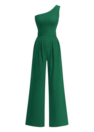 KIRUNDO One Shoulder Jumpsuits For Women Dressy Summer Formal One Piece Ribbed Wide Leg Romper Pockets Cocktail Party Outfits(Green,XX-Large) - Image 1