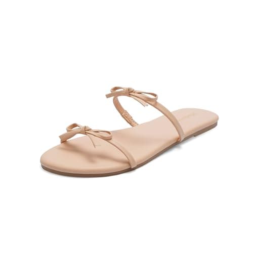 Modatope Women's Strappy Flat Sandals 2026 Taupe Bow Knot PU Sandals Non-Slip Round Toe Slides Comfortable Summer Beach Casual Sandal for Daily Wear Size 5.5 - Image 1