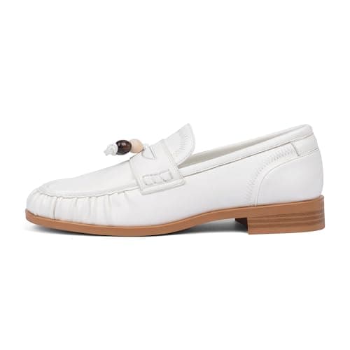 VIUGJNEX Loafers for Women White Flats Shoes Women Dressy Comfortable Boho Beaded Walking Leather Moccasins Womens Loafers Ruched Toe Slip on Shoes Casual Work Walking Flats Size 7 - Image 1