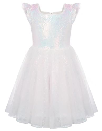 GRACE KARIN Girls Party Sequin Dress Size 8, Kids Birthday Dance Formal Sparkly Dresses, Wedding Flower Girl Dress White