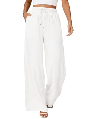 Jyanl White Linen Pants Women Flowy Wide Leg Palazzo Pants Boho High Waist Loose Beach Vacation Summer Trousers Dressy Long Pants Vacation Outifits - Image 1