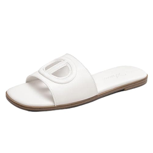 Athlefit White Flat Sandals for Women Square Open Toe Comfortable Slip On Beach Summer Slide Sandals Size 10 - Image 1