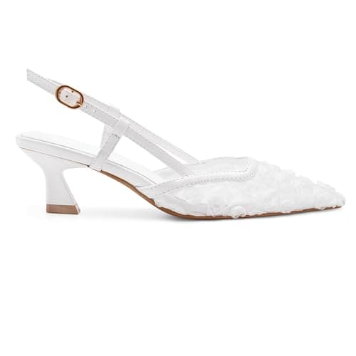 RUSAUISE Slingback Rose Flowers Kitten Heels Sandals for Women Pointed Close Toe Mesh Floral Low Heeled Buckle Strap Dressy Pump Shoes for Wedding Party White Size 8.5 - Thumbnail 4