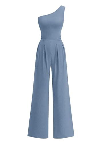 KIRUNDO One Shoulder Jumpsuits For Women Dressy Summer Formal One Piece Ribbed Wide Leg Romper Pockets Cocktail Party Outfits(Dusty Blue,XX-Large) - Image 1