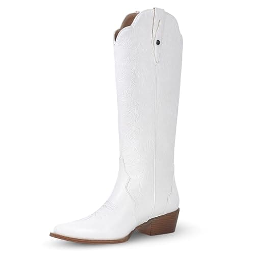 LeunDen White Cowboy Boots for Women, Knee High Cowgirl Boots with Pointed Toe, Chunky Heel, Floral Embroidery Western Boots Tall Boots Size 8 - Image 1