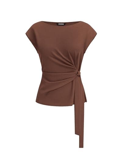 BTFBM Womens Tops Summer 2026 Cap Sleeve Crew Neck Tie Waist Blouses Dressy Casual Business Work Clothes Spring Fashion(Light Brown, Large) - Image 1