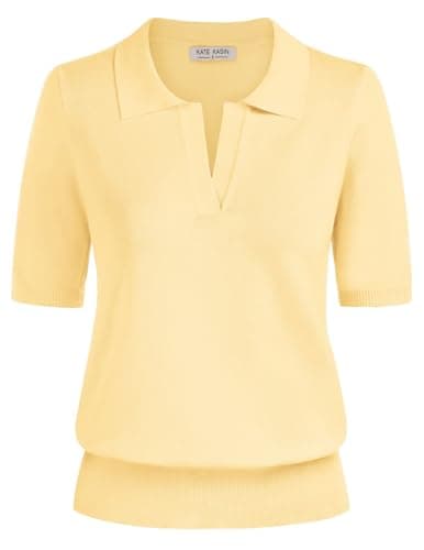 Kate Kasin Short Sleeve Sweaters for Women, V Neck Knit Tops, Business Casual Polo Shirts Light Yellow M - Image 1