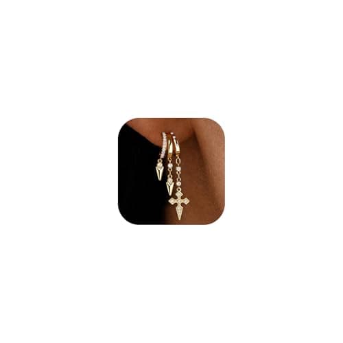 Gold Dangle Earrings for Women, 14k Gold Plated Statement Triple Hoop Illusion Gold Cross Earrings Cubic Zirconia Huggie Earrings for Women Trendy - Image 1