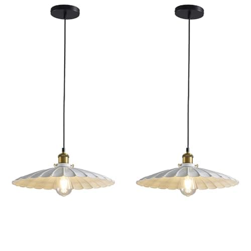 Oyisen Pendant Lights, 13.8 Inch Glossy White Lampshade Hanging Kitchen Lights 7Ft Height Adjustable Island Pendant Lights for Kitchen Industrial Style Hanging Light for Bedroom 2Pack - Image 1