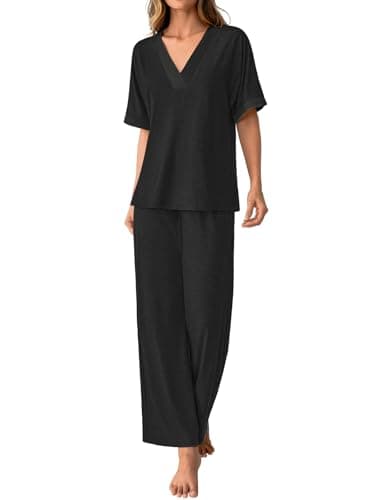 GKBK Womens Two Piece Outfits Pajama Sets 3/4 Sleeve Sleepwear Nightwear Loungewear Matching Pjs 2 Piece Lounge Set Light Weight Loose Sweat Suit Casual Comfy Cozy Trendy Black L - Thumbnail 5