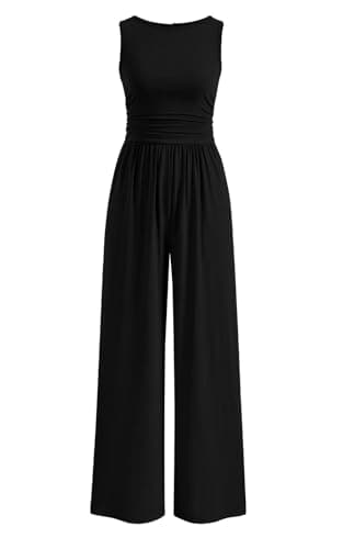 PRETTYGARDEN One Piece Jumpsuits for Women Dressy Casual Sleeveless Crewneck Wide Leg Rompers Jumpers 2026 Vacation Summer Outfits(Black, M) - Image 1
