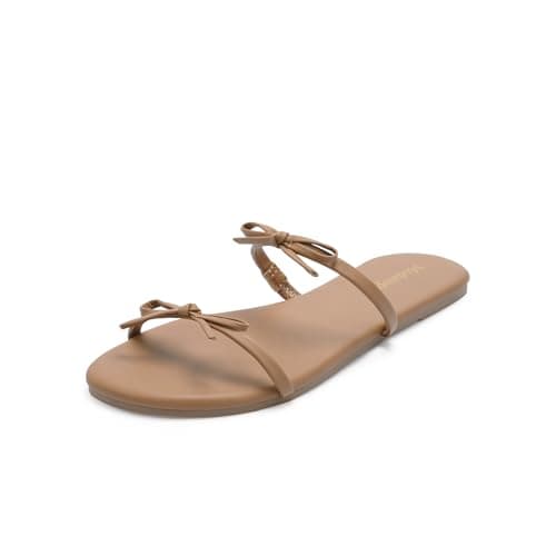 Modatope Strappy Tan Flat Sandals for Women 2026 Bow PU Open Toe Slides Non-Slip Casual Sandal Lightweight Summer Sandals for Beach Pool & Everyday Use Size 7 - Image 1