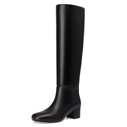 Athlefit Black Knee High Boots for Women Chunky Low Heel Tall Boots Square Toe Fashion Slip On Booties Size 11