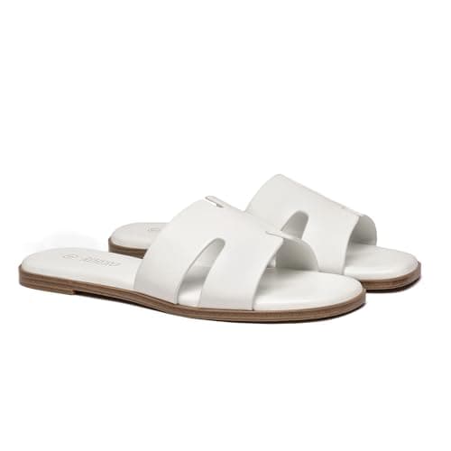 Rihero Women's Dressy Flat Sandals Comfortable Slip On Leather Slide White Sandals Size 9.5 - Thumbnail 6