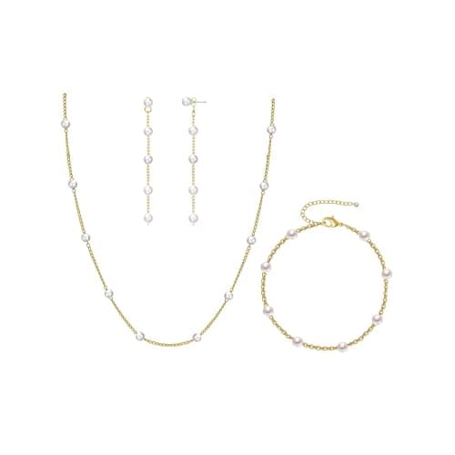 Fezodo Gold Jewelry Set for Women, Dainty 18K Gold Pearl Necklace and Earring Set With Pearl Earrings Bracelet Wedding Jewelry Sets for Bride, Bridal Prom Pearls Jewelry - Image 1