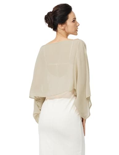 BEAUZSUZSANA Women Chiffon Bolero Cape Capelets with Arm Holes Shawls and Wraps for Evening Dress Bridal Wedding Party (Champagne,L-XL) - Thumbnail 4