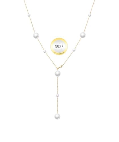 Pearl Lariat Necklace for Women – 925 Sterling Silver 14K Gold Plated Jewelry, Adjustable Y-Shaped Long Necklace, Dainty Pearl Pendant – Suitable Anniversary Birthday and Valentine’s Day Gift - Image 1