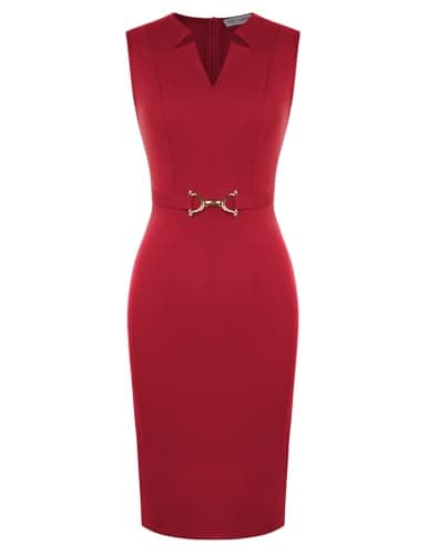 GRACE KARIN Work Dresses for Women 2026,V Neck Business Office Bodyon Dress,Sleeveless Pencil Semi Formal Midi Dress Red S - Image 1
