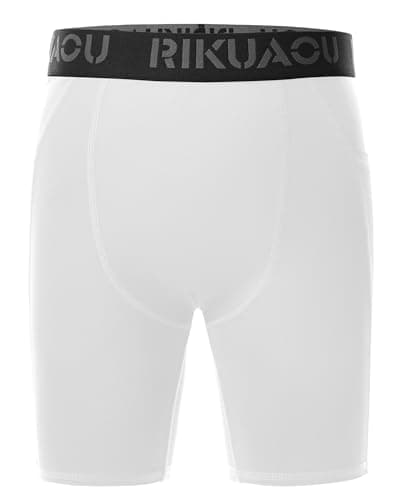 RIKUAOU Youth Boys Compression Shorts with Side Pockets, Kids Athletic Base Layers Running Underwear for Baseball Football White - Thumbnail 3