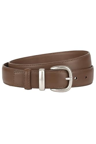 OWNFUN Brown Leather Belt Women Genuine Leather Belt for Jeans Pants with Silver Buckle - Image 1