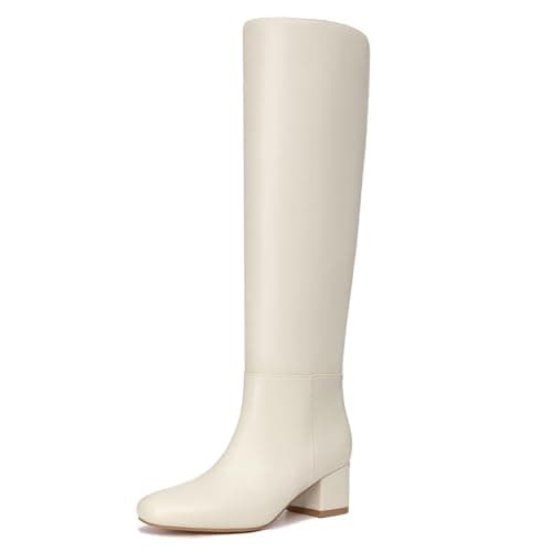 Athlefit Knee High Boots for Women Chunky Block Heel Beige Tall Boots Round Toe Fashion Pull On Booties Size 8.5 - Image 1