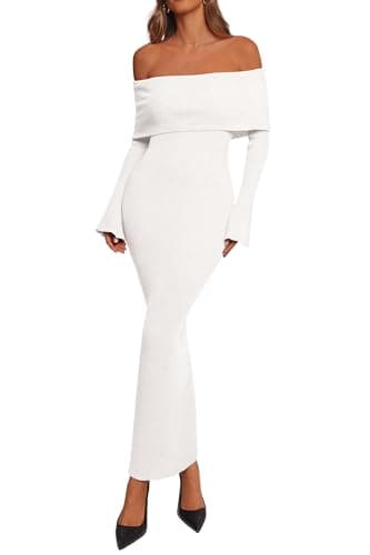 dowerme Women's Off The Shoulder Sweater Dress 2026 Formal Long Sleeve Bodycon Maxi Wedding Guest Dresses Spring Outfits(White,Large)